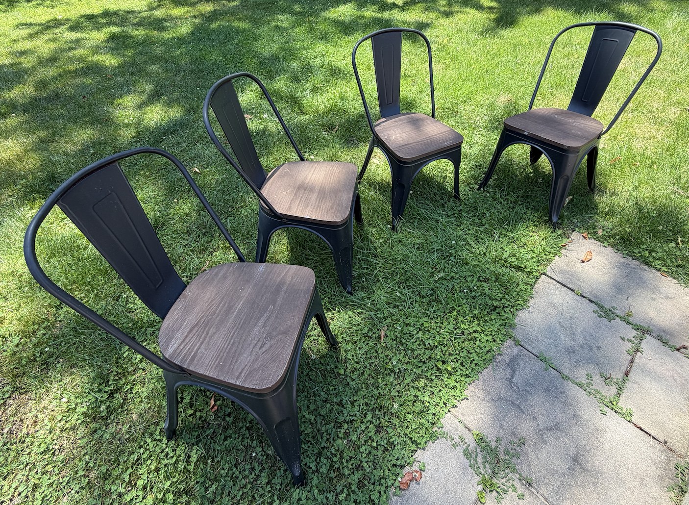 4 Tolix-Style Stackable Metal Chairs with Wood Seats